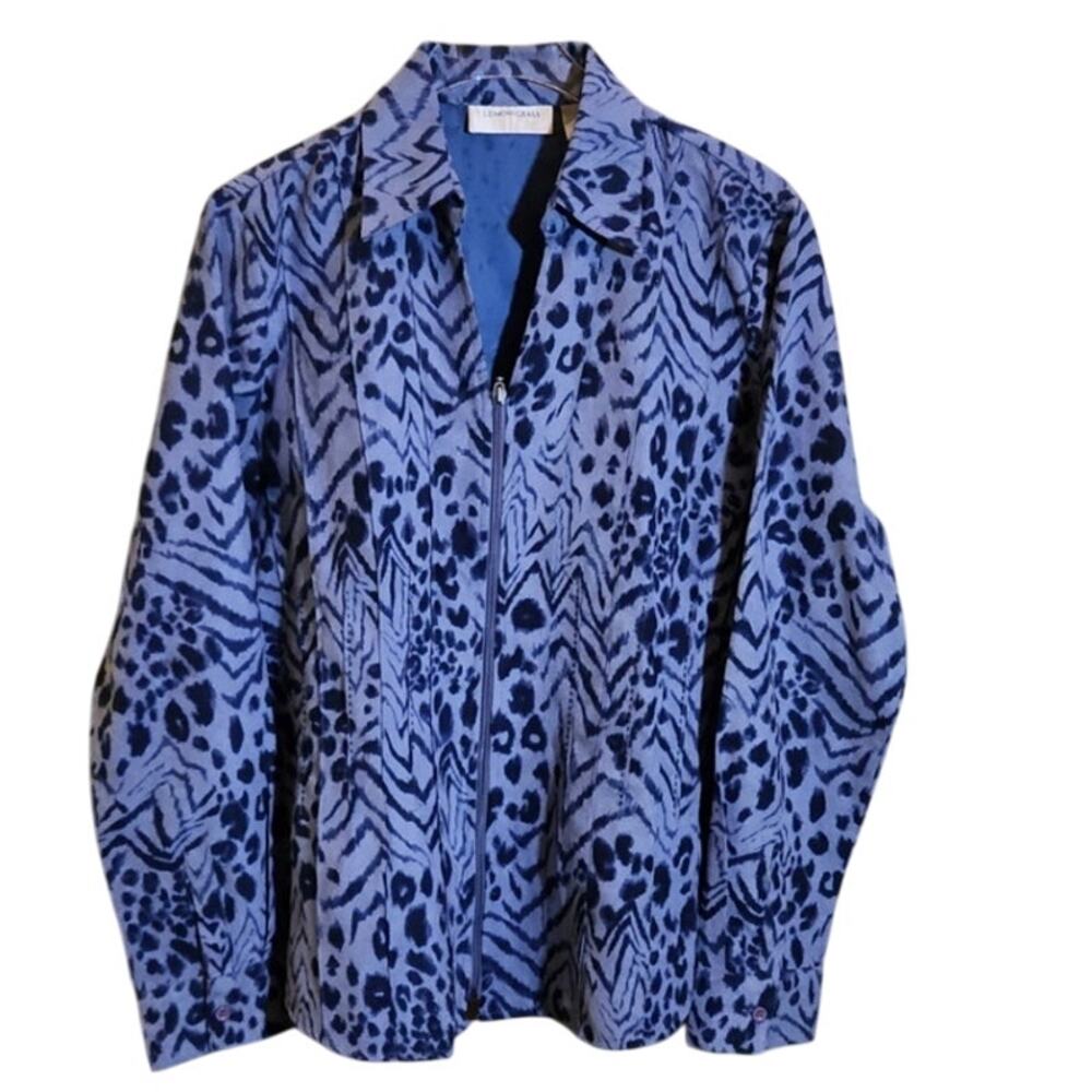 Lemon Grass Blue & Gray Animal Print Zip Jacket / Shirt Size Medium  V Neck